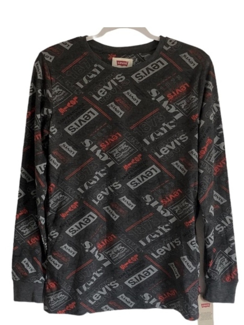 Levi's Boy's Black Crewneck Sweater with Red & Gray Logo All-Over Print